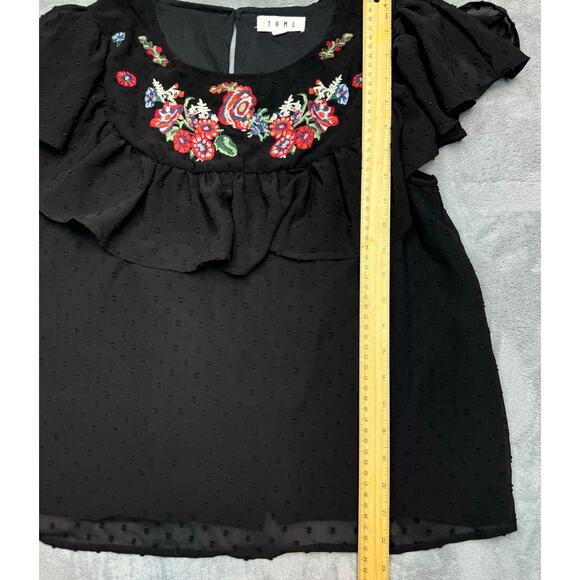 THML Charlotte Black Swiss Dot Embroidered Floral Ruffle Blouse Boho Medium - Picture 7 of 10